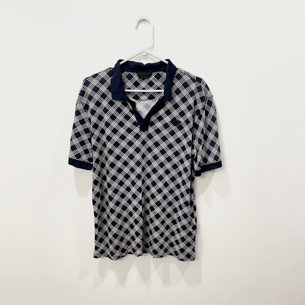Prada‎ Mens Navy Blue White Geometric Grid Short Sleeve Polo Shirt Size Large